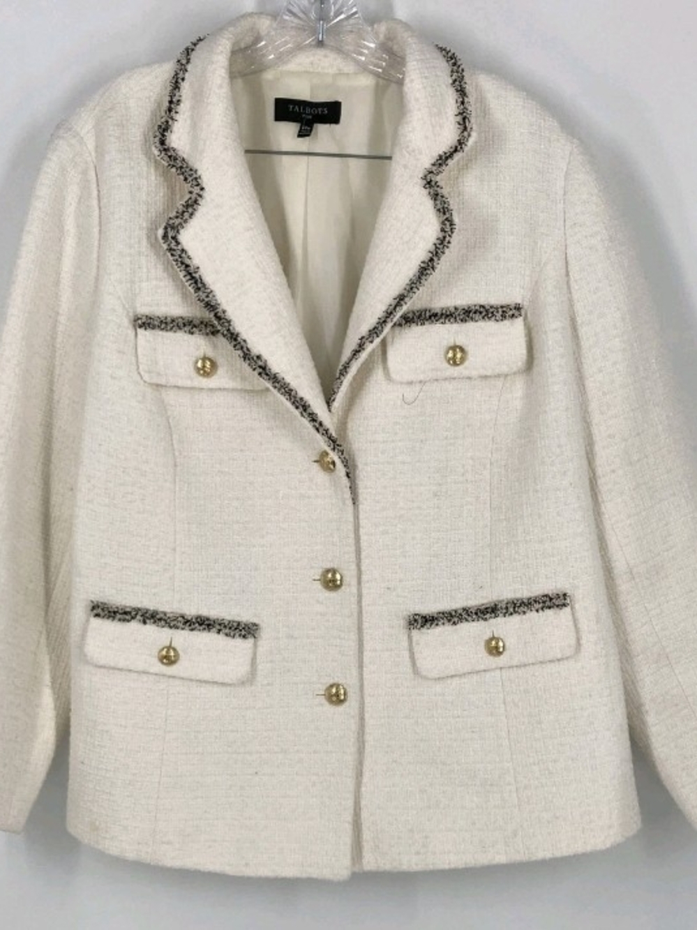 Talbots White Bouclé Jacket with Black Trim and Gold Buttons Plus Size 14W
